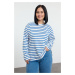 Trendyol Curve Ecru Blue Striped Regular/Normal Pattern Crew Neck Knitted Sweatshirt