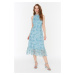 Trendyol Blue Midi Lined Woven High Neck Printed Woven Dress