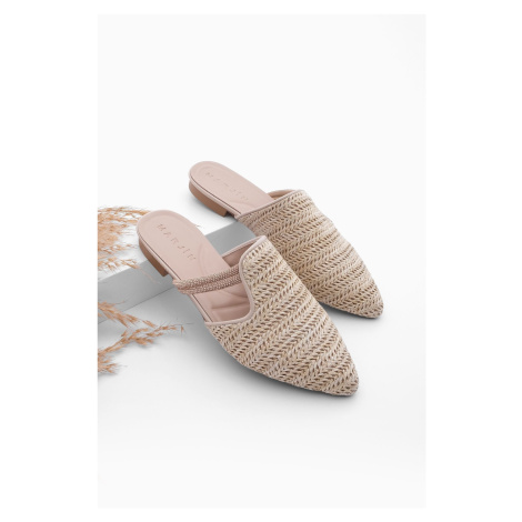 Marjin Women's Stone Straw Detail Daily Slippers Velon Beige