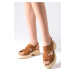 Mio Gusto Blair Tan Color Asymmetric Cut Women's Chunky Sold Sandals