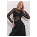 Trend Alaçatı Stili Women's Black Crew Neck Tulle Detailed Front Draped Blouse