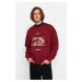 Trendyol Claret Red Oversize/Wide Cut Motorcycle Printed Fleece Inside Sweatshirt