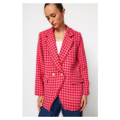 Trendyol Fuchsia Tweed Regular Lined Double Breasted Closure Woven Houndstooth Blazer Jacket