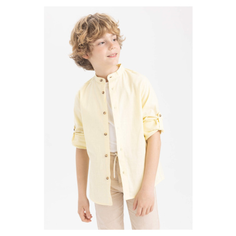 DEFACTO Chlapčenská košeľa s rovným golierom a dlhým rukávom s ľanovým vzhľadom