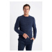 DEFACTO Navy Blue Standard Fit Regular Cut Crew Neck Textured Basic Plain Knitwear Sweater