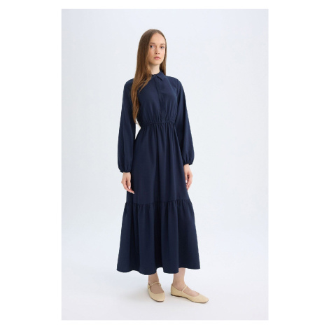 DEFACTO Shirt Collar Basic Plain Buttoned Waist Gathered Long Sleeve Maxi Navy Blue Dress