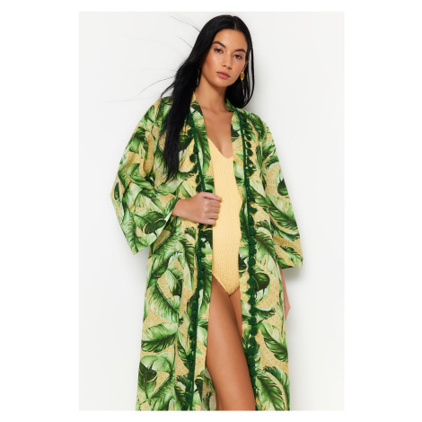 Trendyol tropický vzorovaný midi tkaný kimono a kaftan s opaskom, 100% bavlna s strapcami