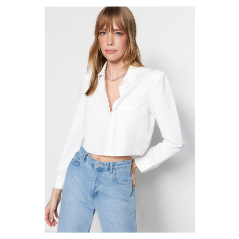 Trendyol Ecru Crop Regular Regular Fit Tkaná Košeľa