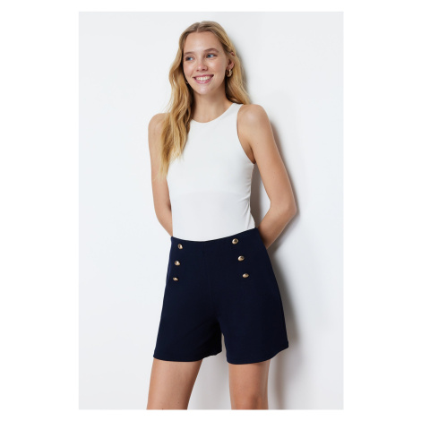 Trendyol Navy Blue Gold Button Detailed High Waist Interlock Smart Knitted Shorts