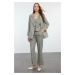 Trendyol Green Herringbone Textured Woven Blazer Jacket-Vest-Pants Set