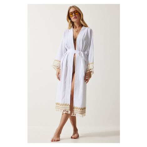 Happiness İstanbul Women's White Tassel Guipure Detail Long Linen Kimono