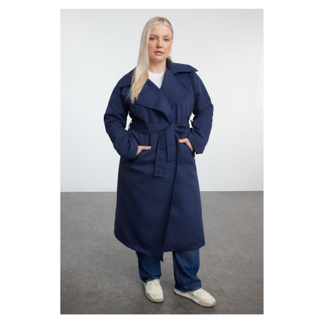 Trendyol Curve Navy Blue Maxi Length Belted Technical Fabric Trench Coat