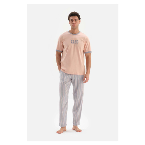 Dagi Salmon Printed Top Striped Woven Bottom Pajamas Set