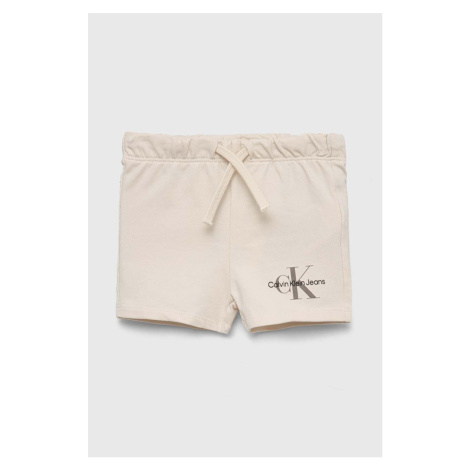Detské krátke nohavice Calvin Klein Jeans béžová farba, s potlačou, nastaviteľný pás