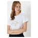 Trendyol White 100% Cotton Foil/Glossy Slogan Printed Regular/Normal Pattern Knitted T-Shirt