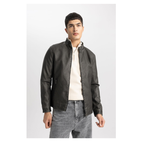 DEFACTO Slim Fit Stand Collar Jacket Faux Leather Coat