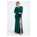 Lafaba Women's Emerald Green Double Breasted Collar Plus Size Evening Dress with Feather Slit on