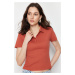 Trendyol Cinnamon Polo Collar Buttoned Short Sleeve Stretchy Ribbed Knitted Blouse