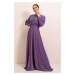 Autor: Saygı Vpredu podšité korálkové saténové dlhé šaty s detailnými rukávmi na gombíky