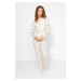 Trendyol Cream 100% Cotton Christmas Patterned Tshirt-Jogger Knitted Pajama Set