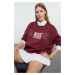 Trendyol Burgundy Slogan Printed Oversize/Wide Fit Knitted Sweatshirt with Hem Detail