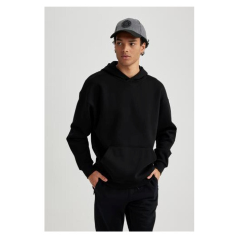 DEFACTO Black Oversize Wide Pattern Hooded Kangaroo Pocket Basic Plain Sweatshirt