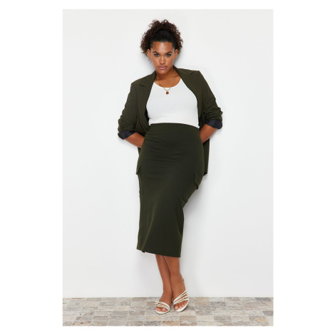 Trendyol Curve Khaki Pocket Detailed Midi 100% Cotton Knitted Skirt