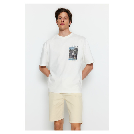 Trendyol Ecru Relaxed/Comfortable Cut Basketball Printed 100% Cotton T-Shirt
