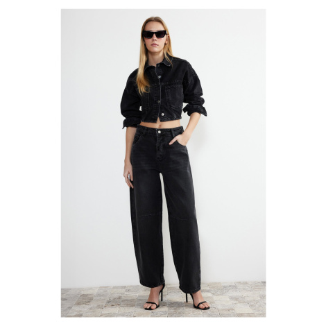 Trendyol Black Stitch Detail Belt Buckle on Back High Waist Barrel Jeans
