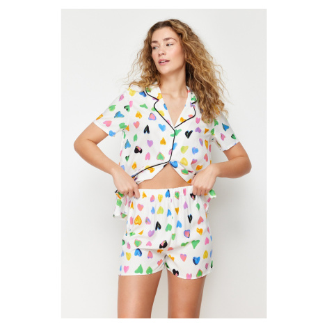 Trendyol Multi-Colored Heart Piping Detailed Viscose Woven Pajamas Set
