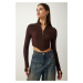 Happiness İstanbul Women's Brown Zippered Turtleneck Crop Knitted Blouse