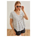 Olalook Women's Black V-Neck Striped Filthy Stitching Casual T-Shirt