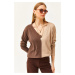 Olalook Women's Brown Camel Block Raised Loose Blouse