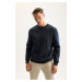 DEFACTO Navy Blue 3 Thread Cotton Raised Polar Fleece Regular Fit Crew Neck Thick Sweatshirt