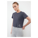 Trendyol Anthracite 100% Cotton Slogan Printed Crop Crew Neck Knitted T-Shirt