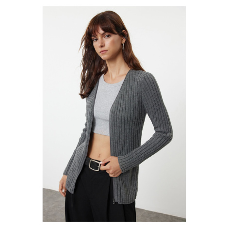 Trendyol Anthracite Basic Zippered Ribbed Knitwear Cardigan