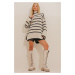 Trend Alaçatı Stili Women's Beige Striped Turtleneck Slit Oversized Sweater