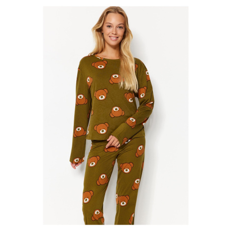 Trendyol Khaki 100% bavlnený plyšový medvedík s potlačou trička-jogger pletené pyžamo
