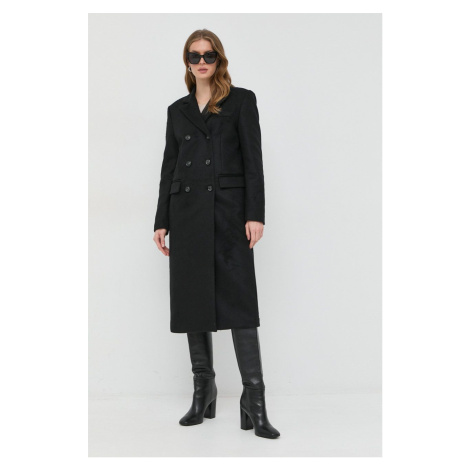 Vlnený kabát Trussardi čierna farba, prechodný, dvojradový