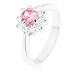Lesklý prsteň so zirkónovým kvietkom v ružovej a čírej farbe, zúžené ramená - Veľkosť: 62 mm