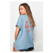 Trendyol Indigo 100% Cotton Slogan Printed on the Back Boyfriend Fit Crew Neck Knitted T-Shirt