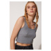 Happiness İstanbul Women's Gray Strappy Corded Crop Knitted Blouse