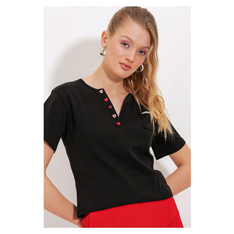 Bigdart Women's Black Button Detailed Short Sleeve T-Shirt 903