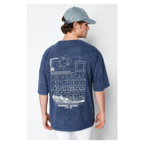 Trendyol Indigo Oversize/Wide Cut Faded Effect Text Printed 100% Cotton T-Shirt