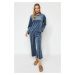 Trendyol Blue Soft Feeling Velvet Tshirt-Capri Knitted Pajama Set