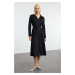 Trendyol Black Crepe Shift Belted Long Sleeve Stretch Knit Dress