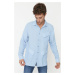 Trendyol Blue Men's Oversized Shirt Collar Asymmetrical Textured Shirt With Pocket