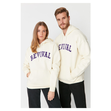 Trendyol Stone Unisex Oversize/Wide-Fit Hooded Text Printed Sweatshirt