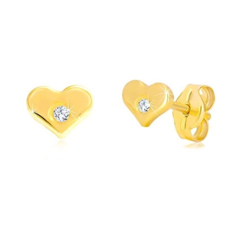 Diamantové náušnice zo žltého 14K zlata - lesklé srdiečko s briliantom