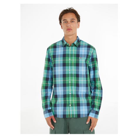 Blue Green Mens Checkered Shirt Tommy Jeans Essential - Men Tommy Hilfiger